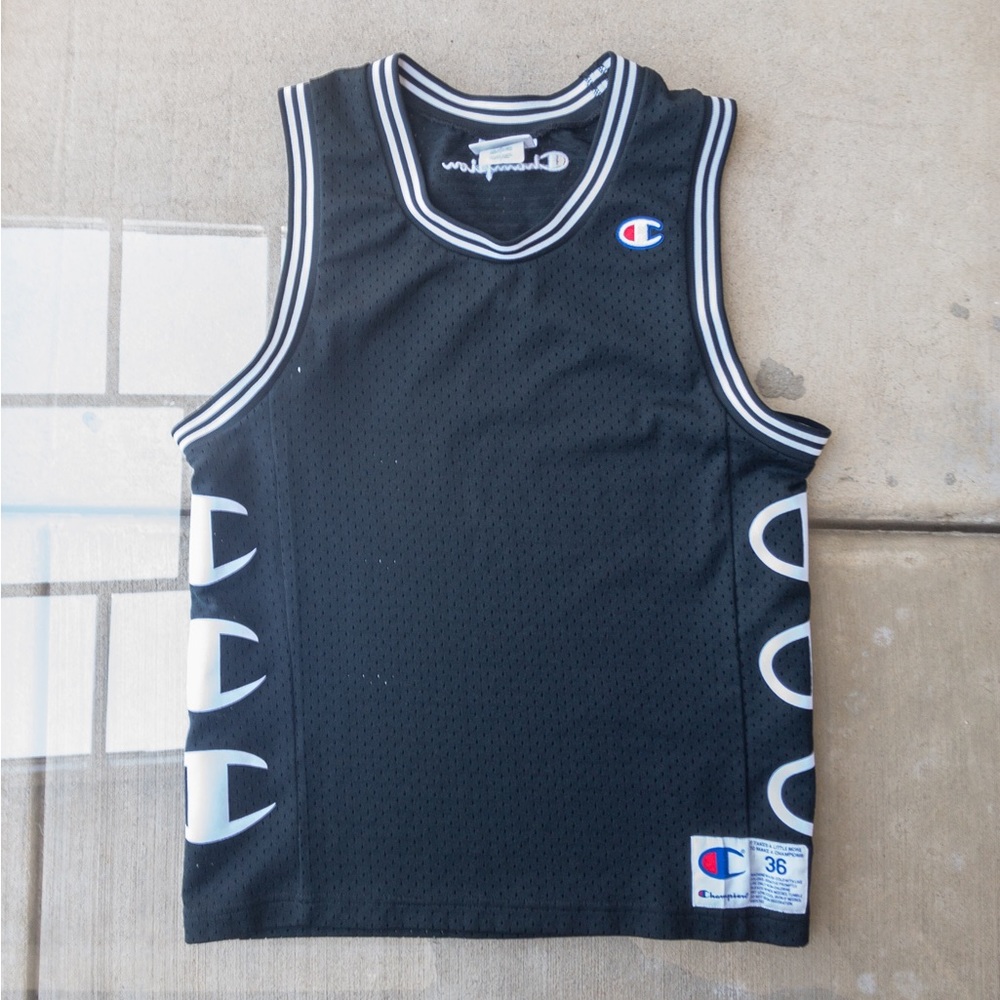 Men’s Champion Logo Basketball Jersey Size 36/Small Black Mesh